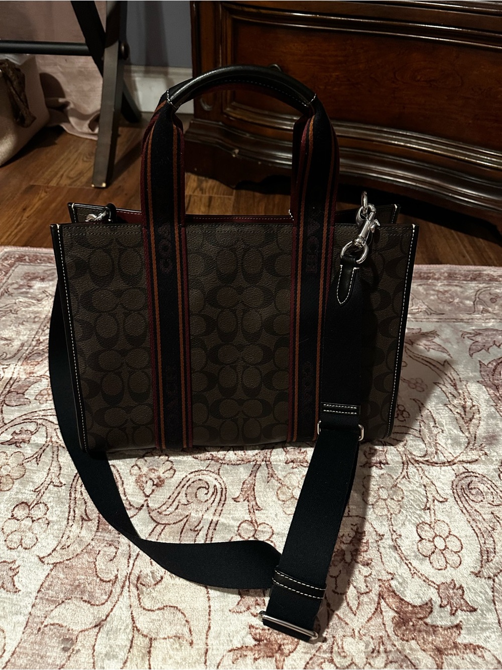 Coach Brown Signature Canvas Tote with Black and Burgundy Straps - Picture 2 of 4